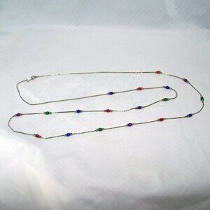19" Necklace - Silver Tone with small Red, Blue, Purple, and Green Beads